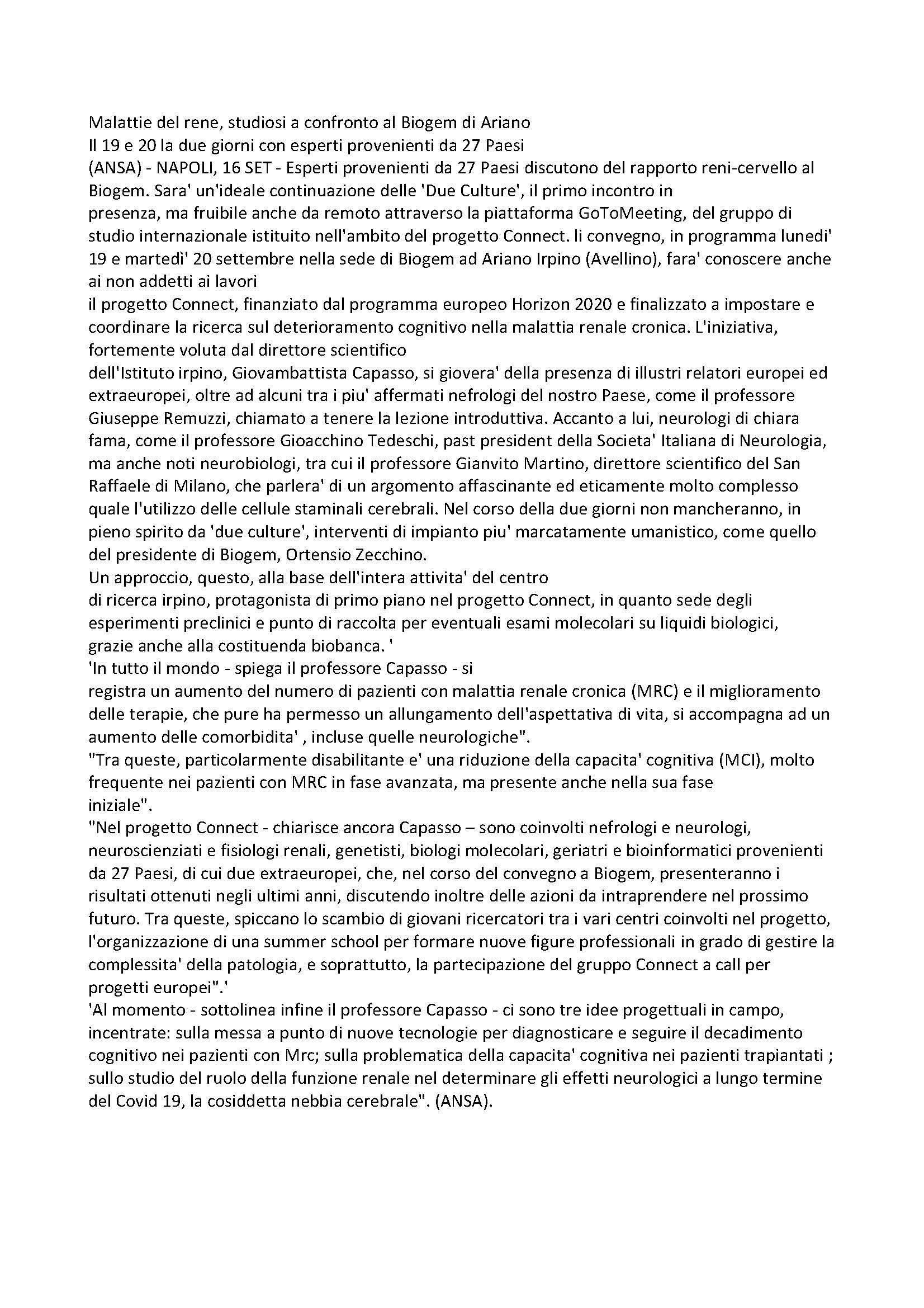 Malattie del rene, studiosi a confronto al Biogem di Ariano